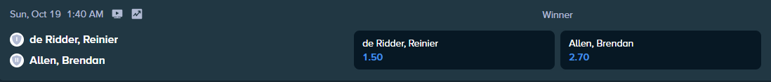 betting odds from stake.com for the ufc match between reiner de ridder and brendan allen
