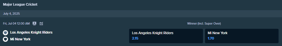 betting odds from stake.com for la knight riders and mi new york