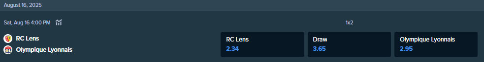 आरसी लेंस और ओलंपिक लियोनिस फुटबॉल टीमों के बीच मैच के लिए Stake.com से सट्टेबाजी ऑड्स