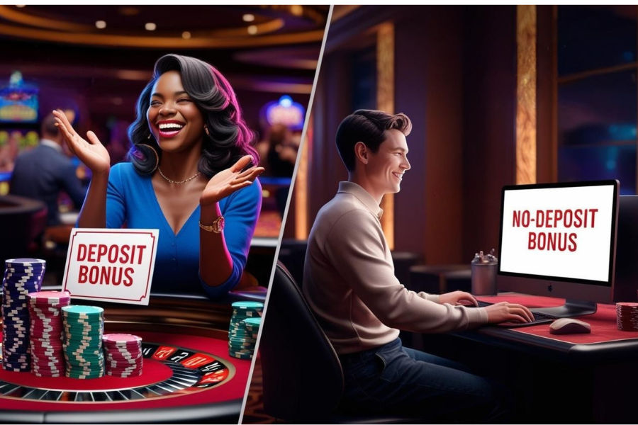 Two people in a casino choosing the options "deposit bonuses" and another "no-deposit bonuses