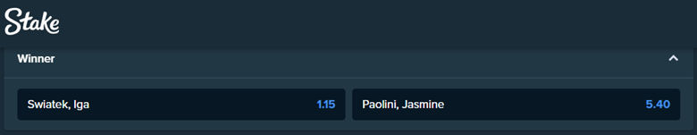 इगा स्वातेक और जैस्मीन पओलिनी के बीच मैच के लिए stake.com से सट्टेबाजी ऑड्स