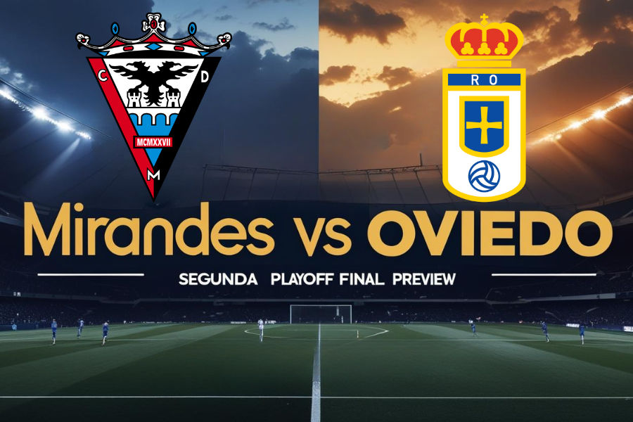 the logos of mirandes and oviedo displayed surrounding a football ground