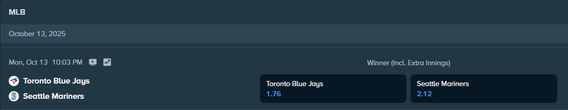 current odds from stake.com for mariners and blue jays