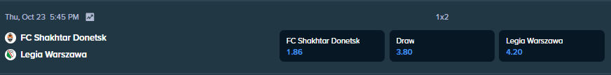 betting odds from stake.com for the match between shakhtar and legia
