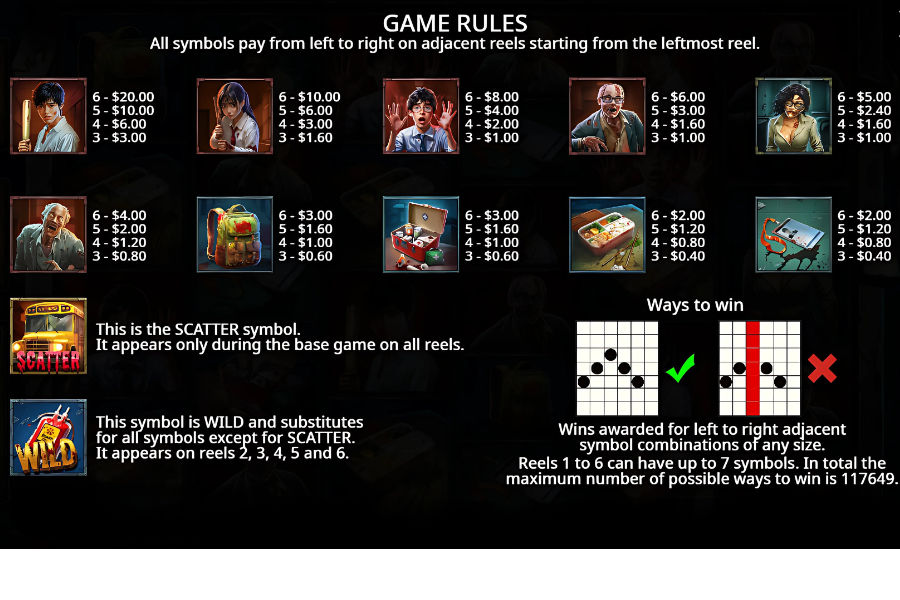 paytable and ways to win in zombie school megaways slot