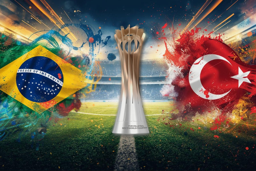 the brazil and turkey countries flag with fivb championship cup in the middle
