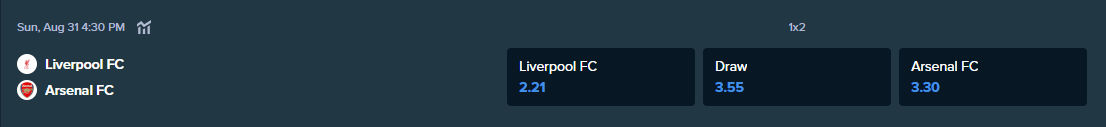 betting odds from stake.com for the match between liverpool and arsenal