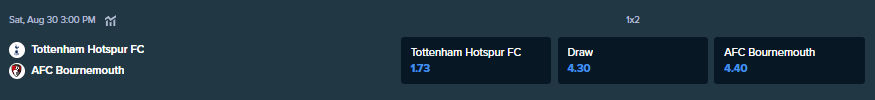 betting odds from stake.com for the match between tottenham hotspur and afc bournemouth football teams