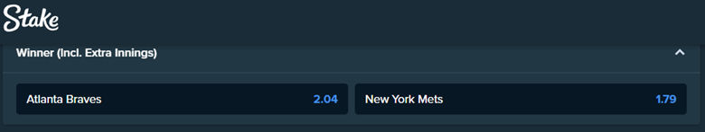 the betting odds from stake.com for the match between atlanta braves and new york mets