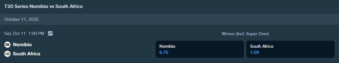 betting odds from stake.com for the cricket match between namibia and south africa