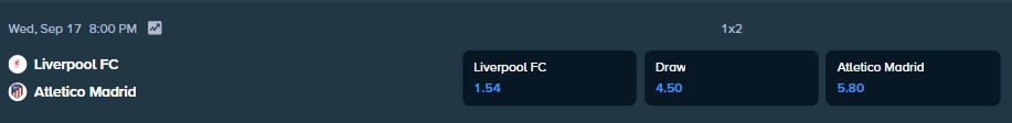 betting odds from stake.com for the match between atletico madrid and liverpool fc