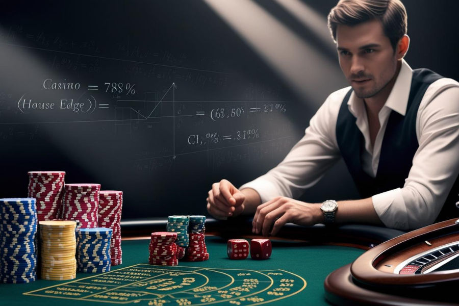 Casino table with chips and roulette wheel, symbolizing house edge.