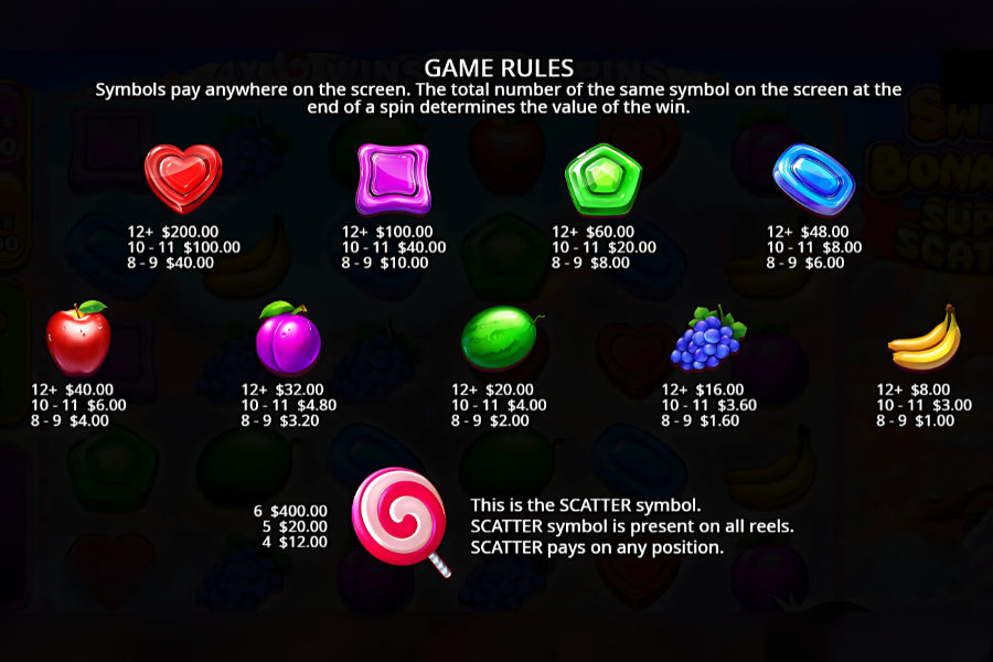 the paytable for sweet bonanza super scatter