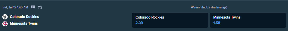 कोलोराडो रॉकीज़ और मिनेसोटा ट्विन्स के बीच मैच के लिए Stake.com से सट्टेबाजी की बाधाएं