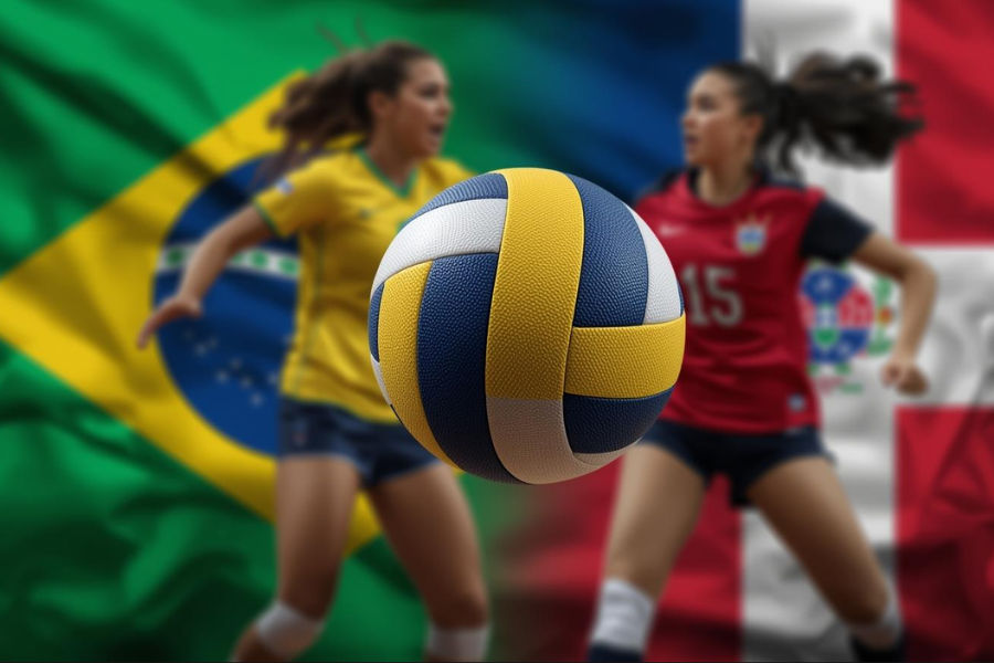 a volleyball in the middle of the flags of dominican republic and brazil