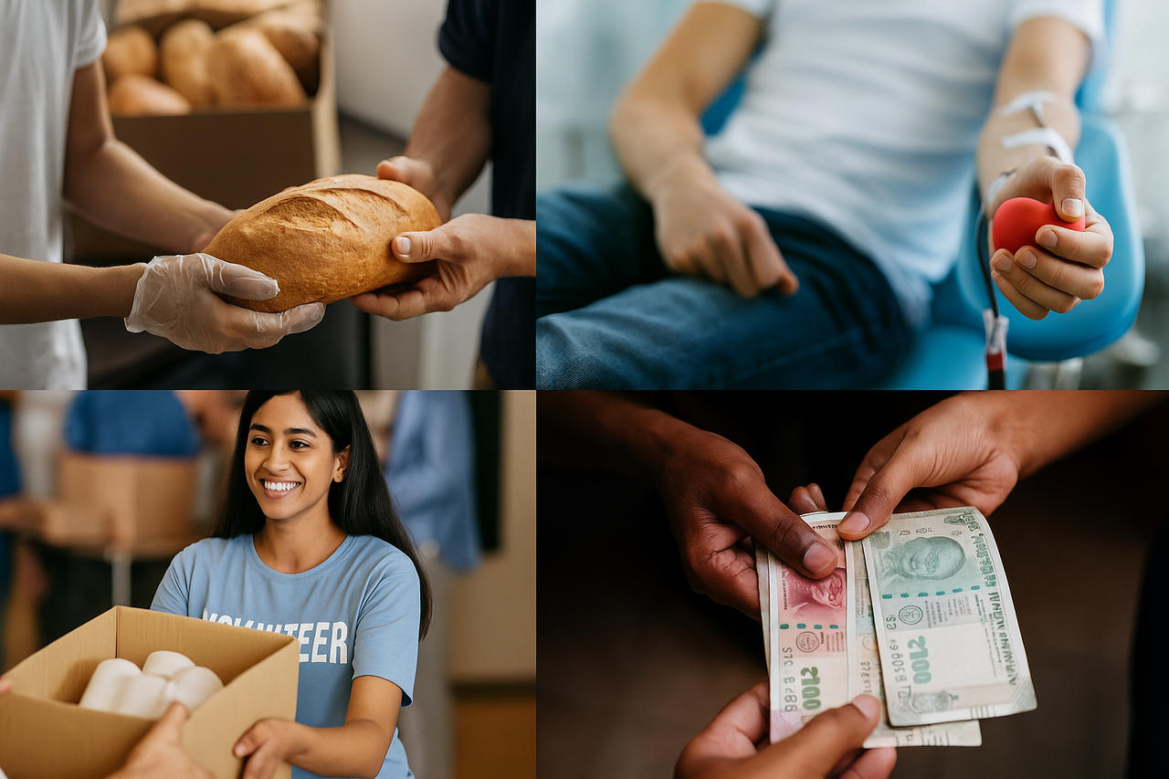 Food, Blood, Money, and Volunteer collage — kindness in action