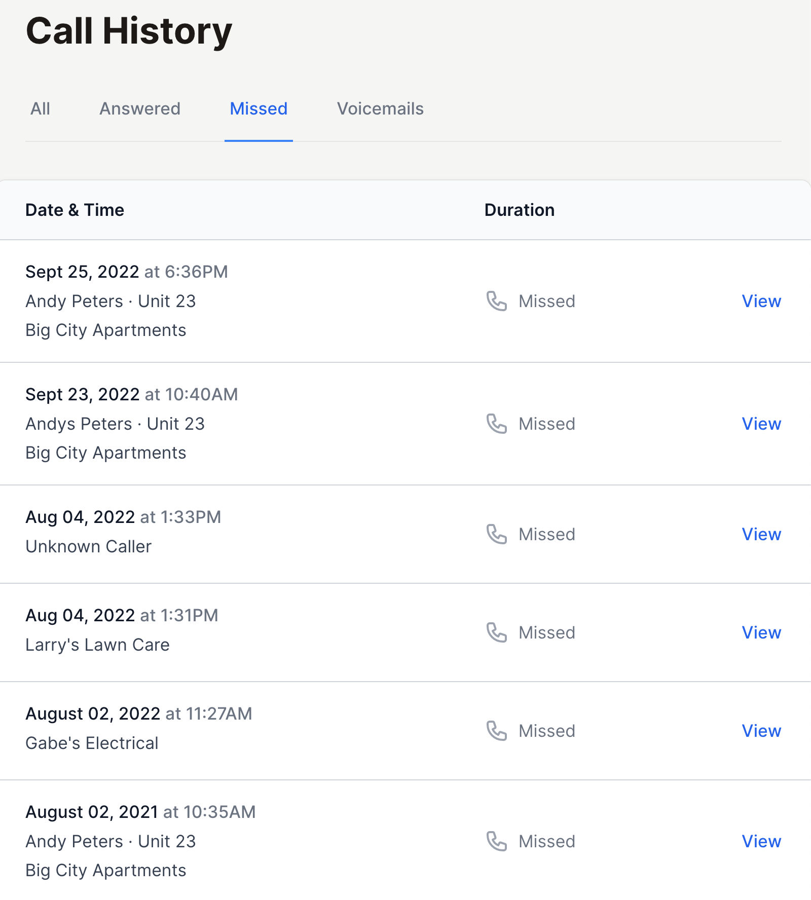 Call history view in Doorkeep