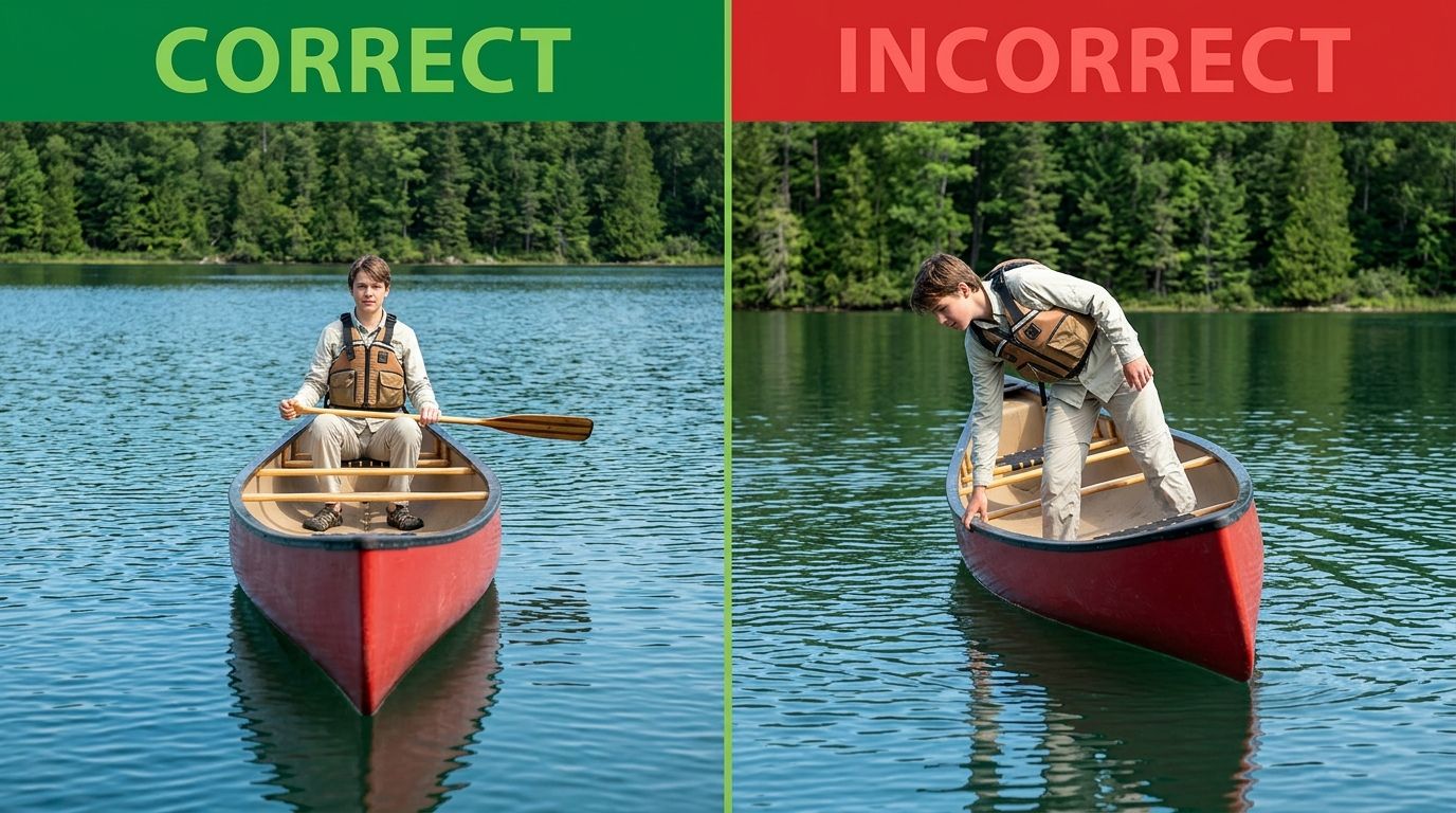 Split-frame comparison of a stable low-centered canoe position versus an unstable standing/leaning position that tips the boat