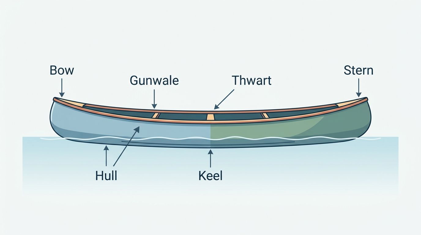 Side-view labeled diagram of a canoe showing bow, stern, hull, gunwale, keel, and thwart