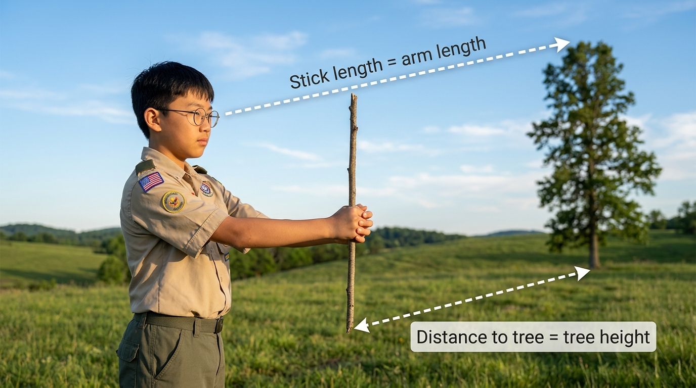 A Scout sighting a tree's height using the stick method, comparing the stick against a buddy standing at the base of the tree