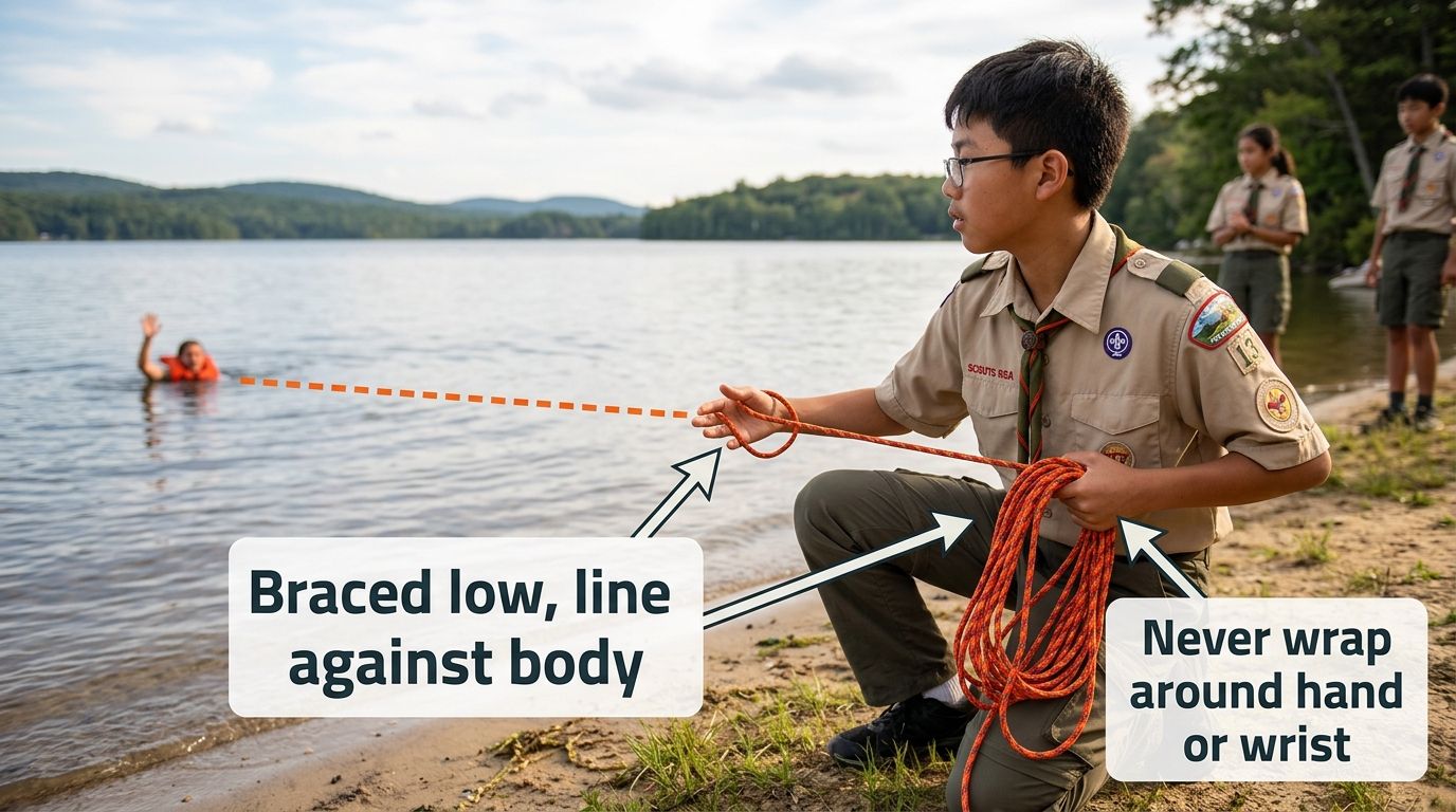 A tender braced low on shore holding the rescue line looped against the body, never wrapped around a hand or wrist