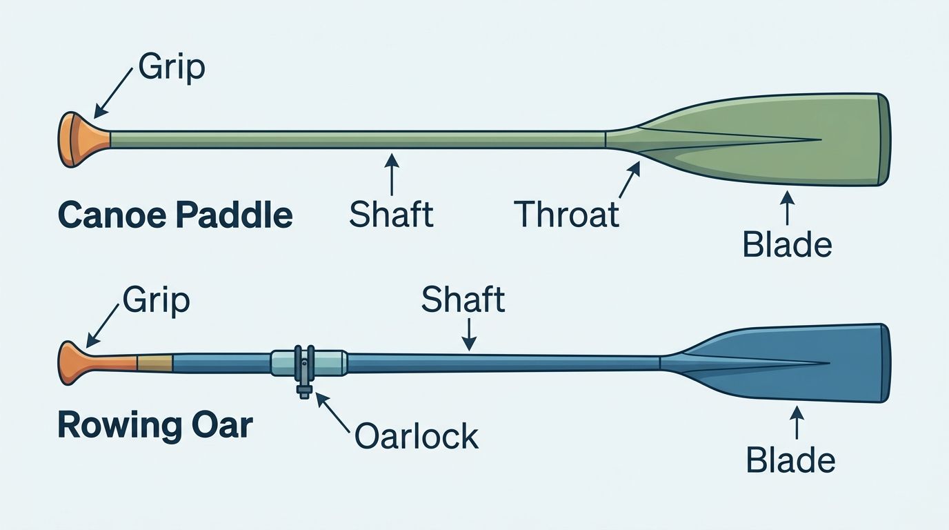 Side-by-side labeled diagram of a canoe paddle and a rowing oar showing blade, shaft, throat, grip, and the oarlock the paddle lacks