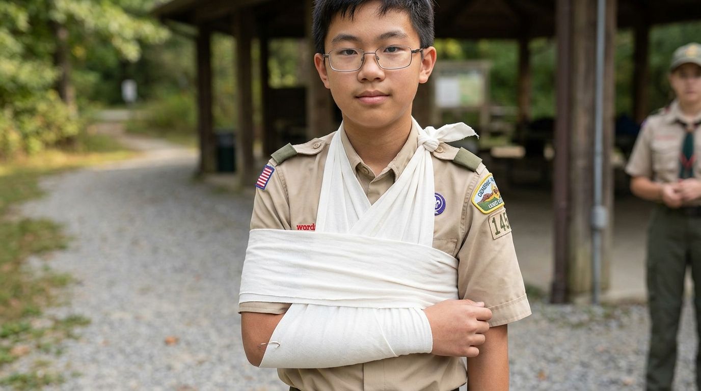 A completed sling-and-swathe bandage for a collarbone injury, with the sling supporting the forearm and the swathe binding the arm to the torso