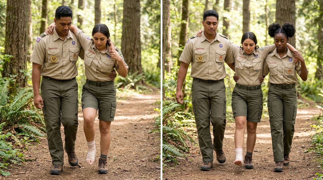 Human-crutch technique and two-person assist for moving a person with a sprained ankle