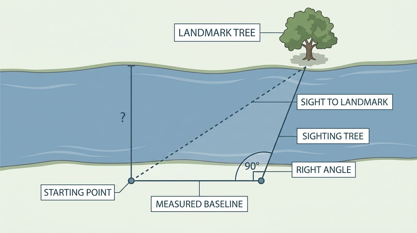 Overhead diagram of congruent triangles showing points A, B, C, D, and E used to measure river width