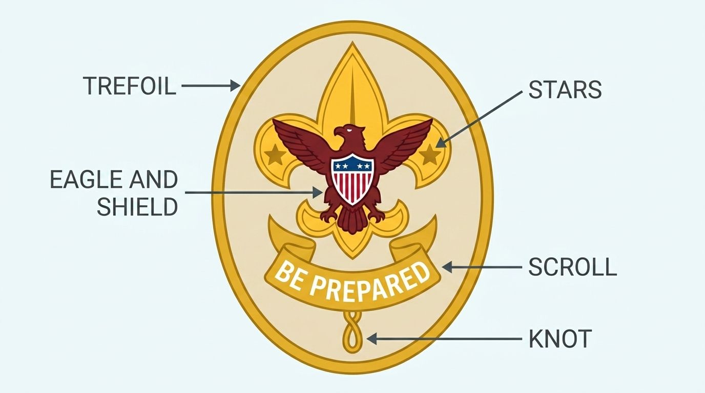 Diagram of the First Class badge with the trefoil outline, eagle and shield, scroll, knot, and two stars labeled