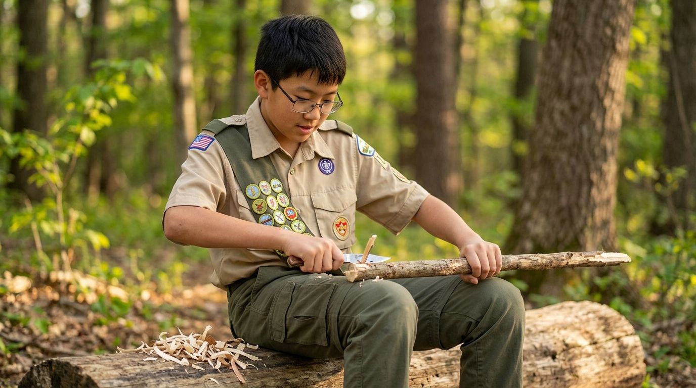 A Scout whittling a stick, cutting away from his body with his free hand held well clear of the blade