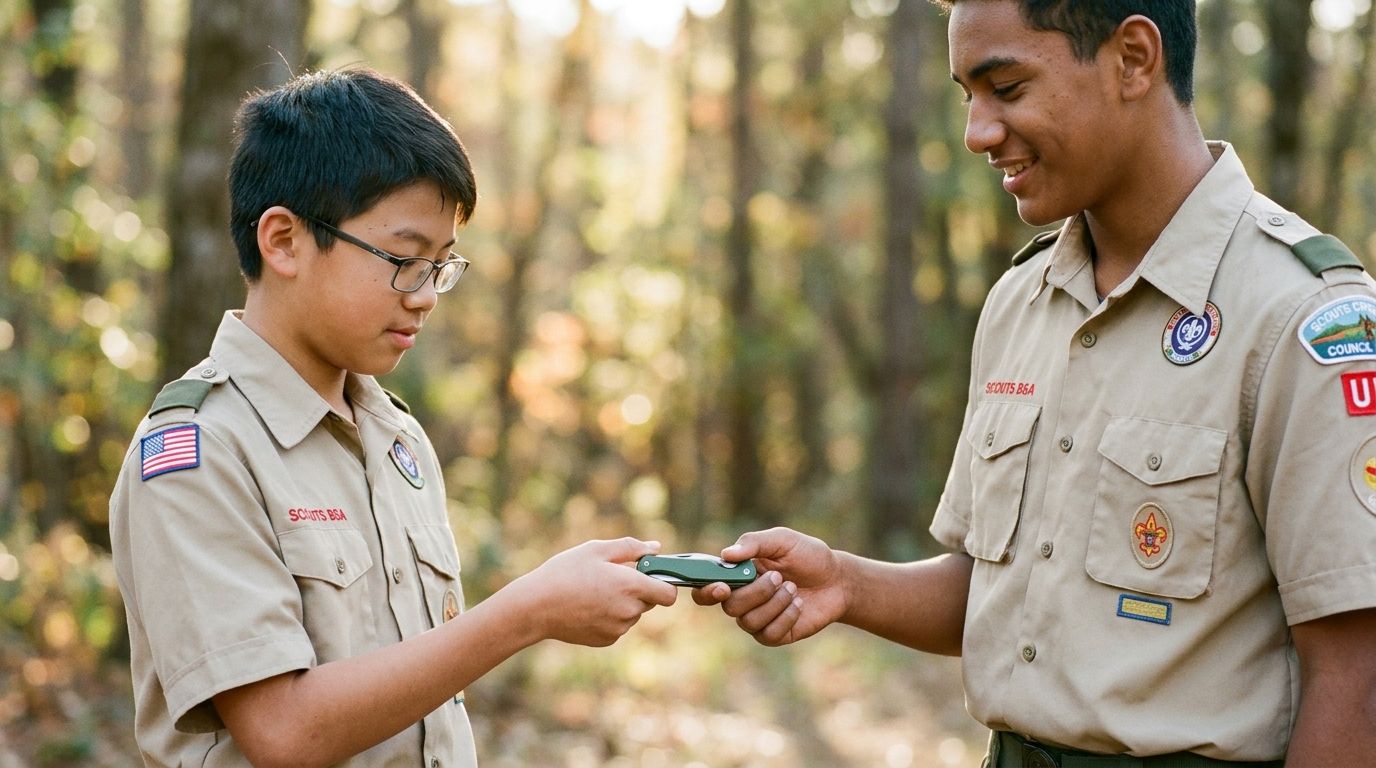 A Scout handing a closed pocketknife handle-first to another Scout