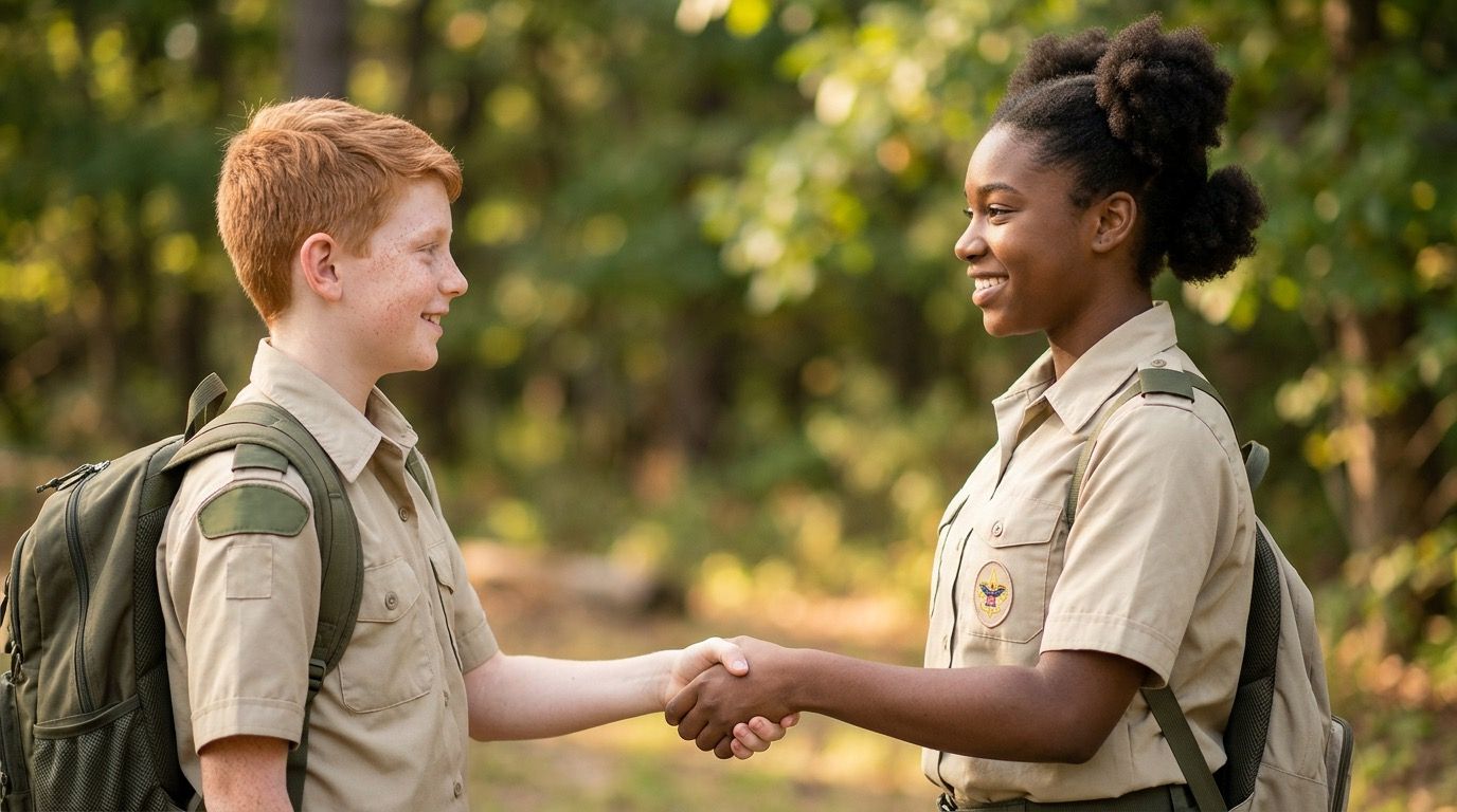 Diagram of two hands clasped in the Scout handshake, using the left hand on both sides