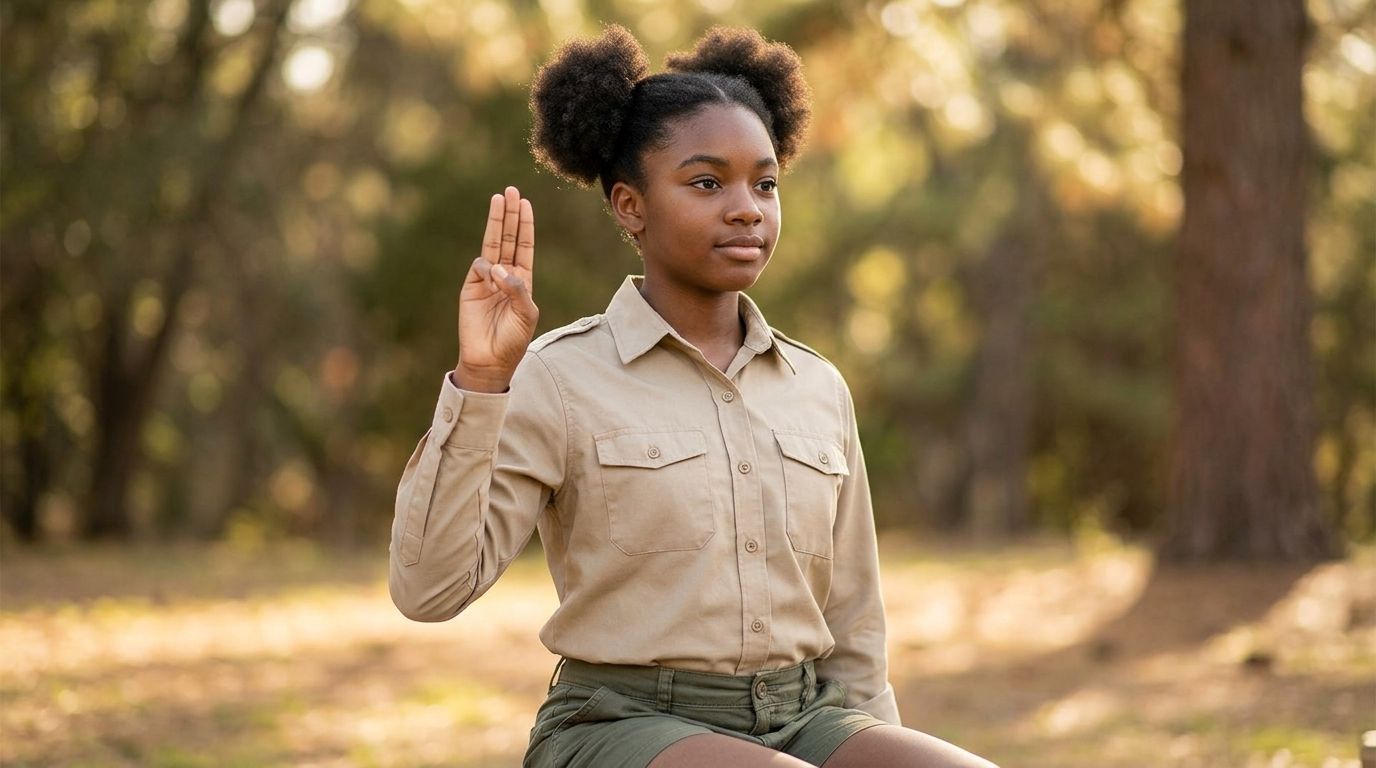 A diagram of a right hand showing the Scout sign, with the three raised fingers and the thumb pinning the little finger labeled