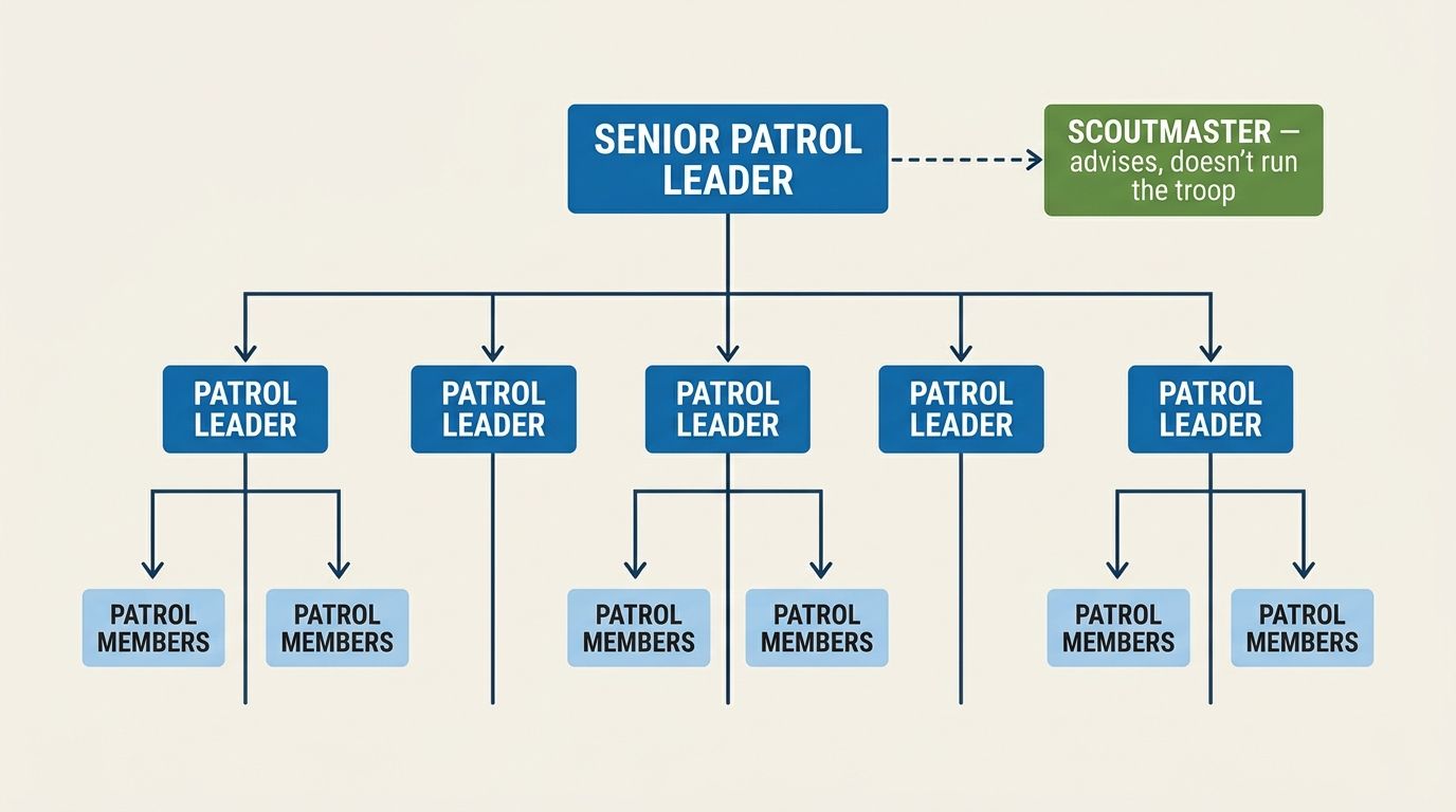 Org chart showing patrol members reporting to patrol leaders, patrol leaders reporting to the senior patrol leader, and the Scoutmaster in an advisory role
