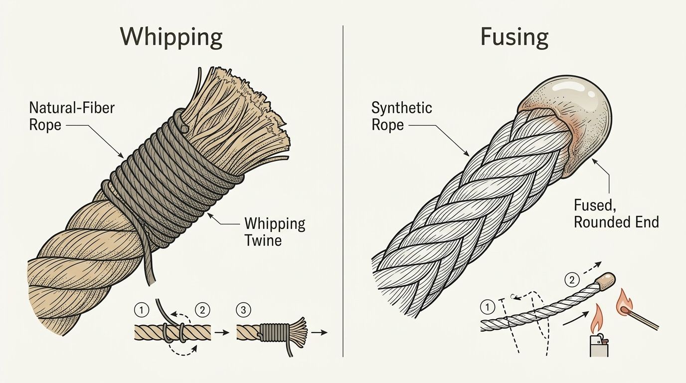 A whipped natural-fiber rope end next to a fused synthetic rope end, side by side