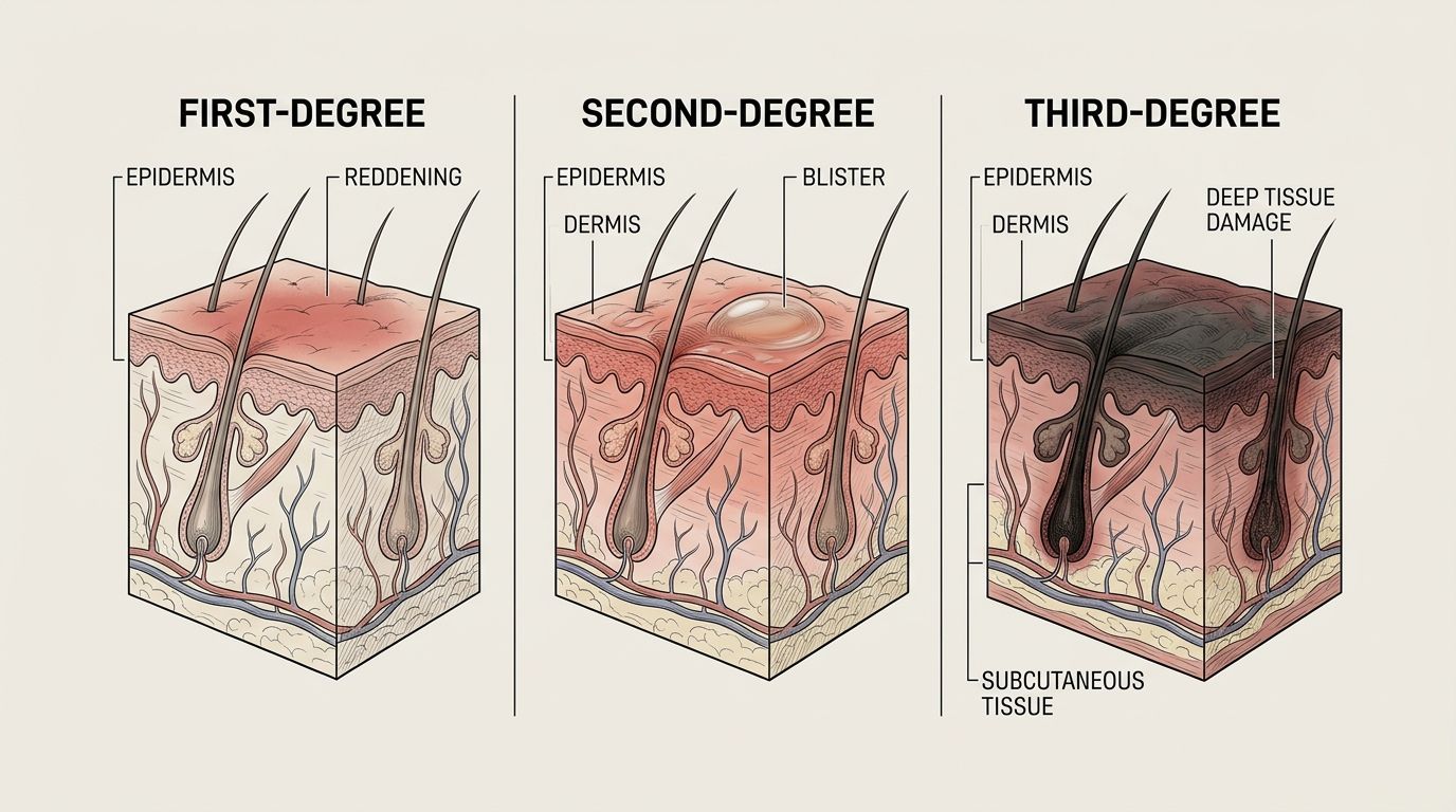 Cross-section diagram comparing the skin depth affected by first-, second-, and third-degree burns