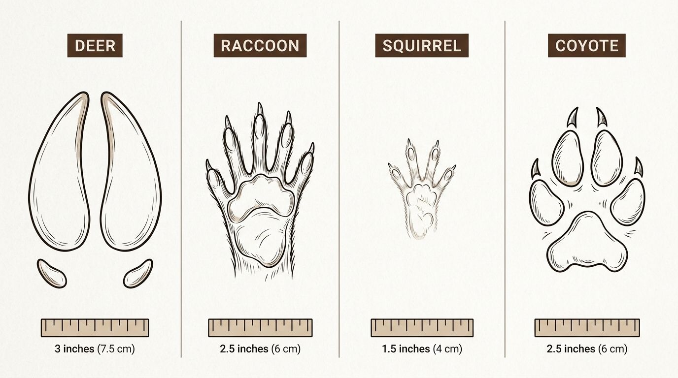 Side-by-side comparison of common mammal track patterns, sized and labeled by species