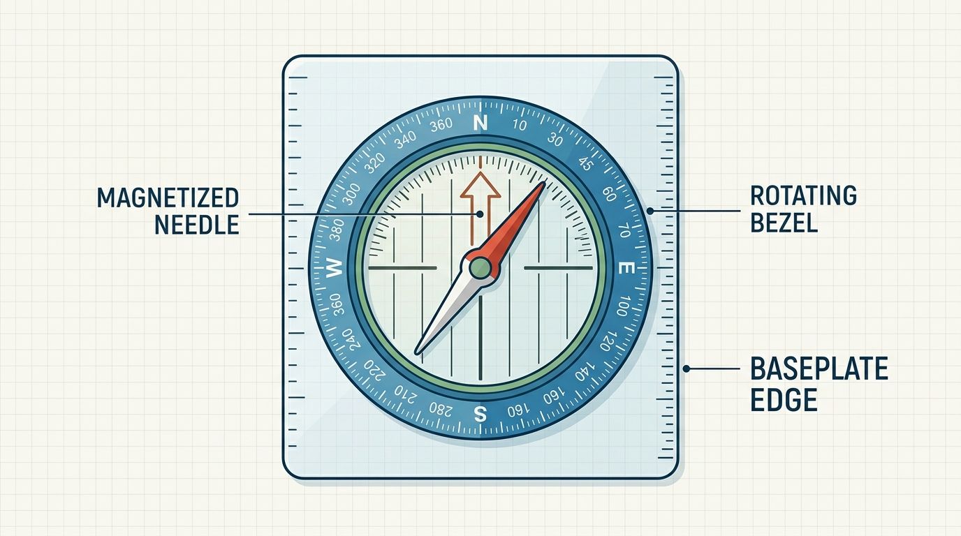 Baseplate compass viewed from above with the baseplate, rotating bezel, direction of travel arrow, magnetic needle, and orienting arrow labeled