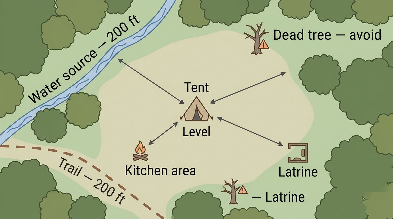 Overhead spatial diagram of a patrol campsite showing tent placement distances from the water source, trail, kitchen area, and latrine