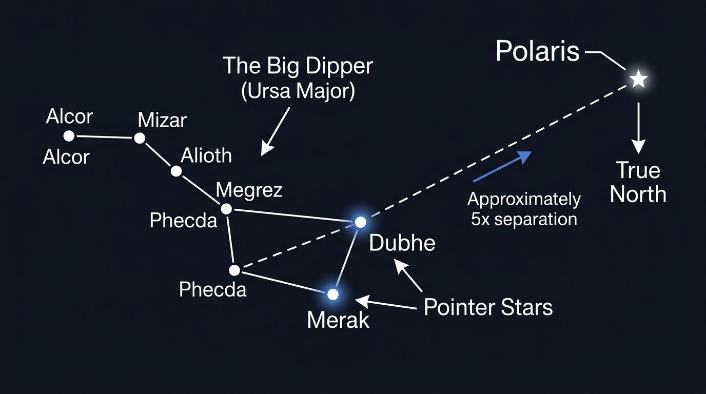 Night sky diagram showing the Big Dipper's pointer stars Merak and Dubhe leading to Polaris in the Little Dipper