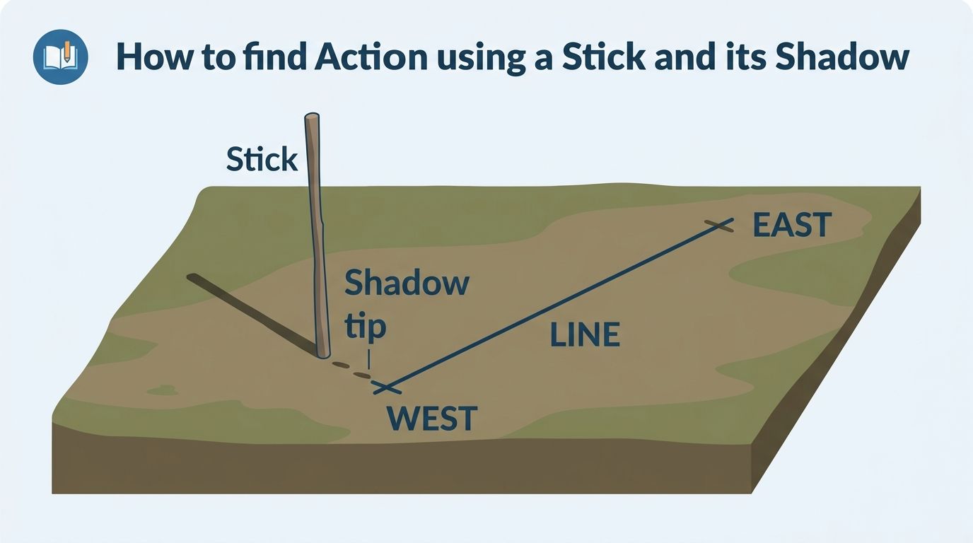 Overhead diagram of a stick pushed into level ground with two shadow-tip marks and the resulting east-west line drawn between them