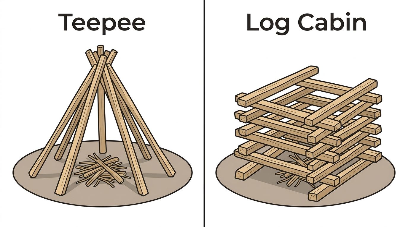 Side-by-side comparison of a teepee fire lay and a log-cabin fire lay, both built around a tinder bundle