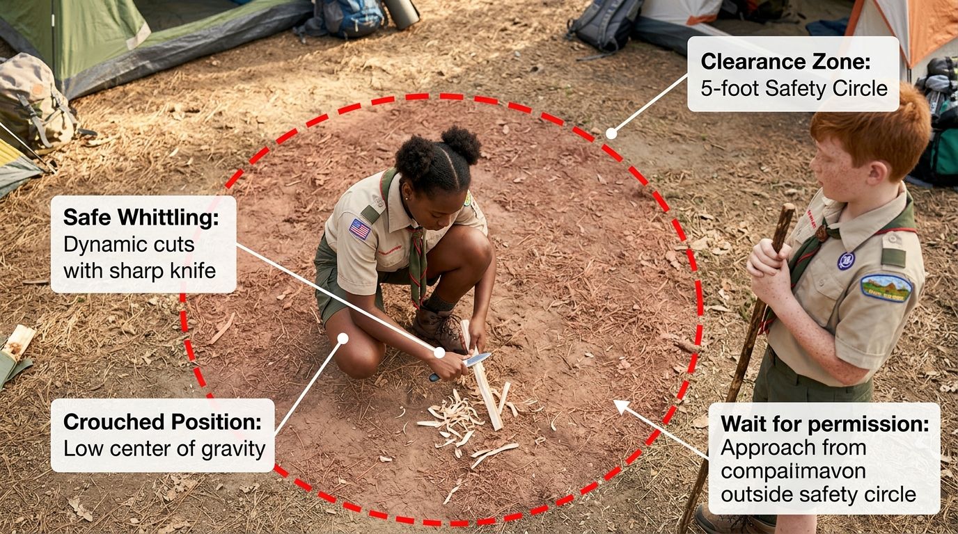 Spatial diagram of a Scout using an ax with a clear 10-foot safety radius marked around them