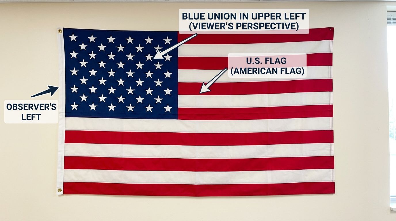 Photo of the American flag displayed flat against a wall with the union correctly positioned to the observer's left