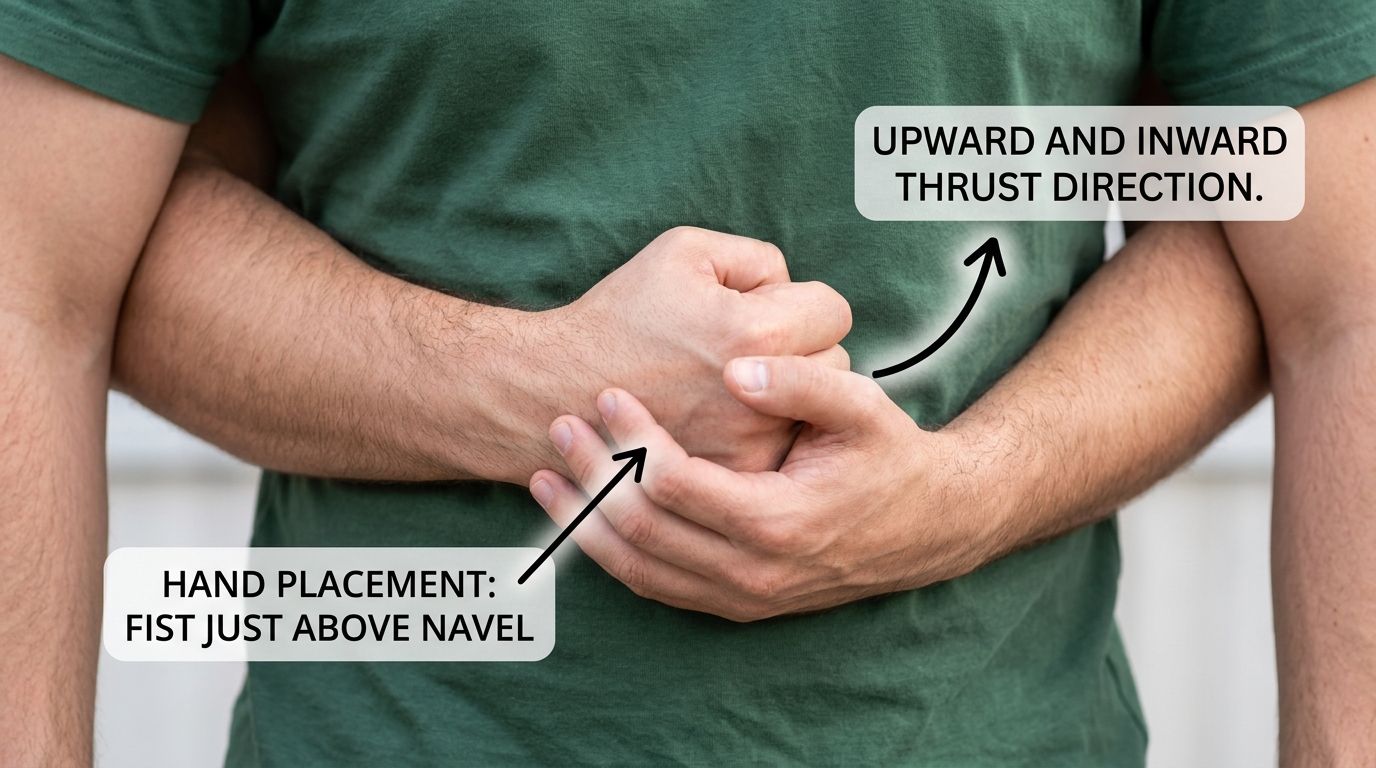 Annotated photo showing correct hand position, fist placement above the navel, and upward thrust angle for abdominal thrusts on a choking person