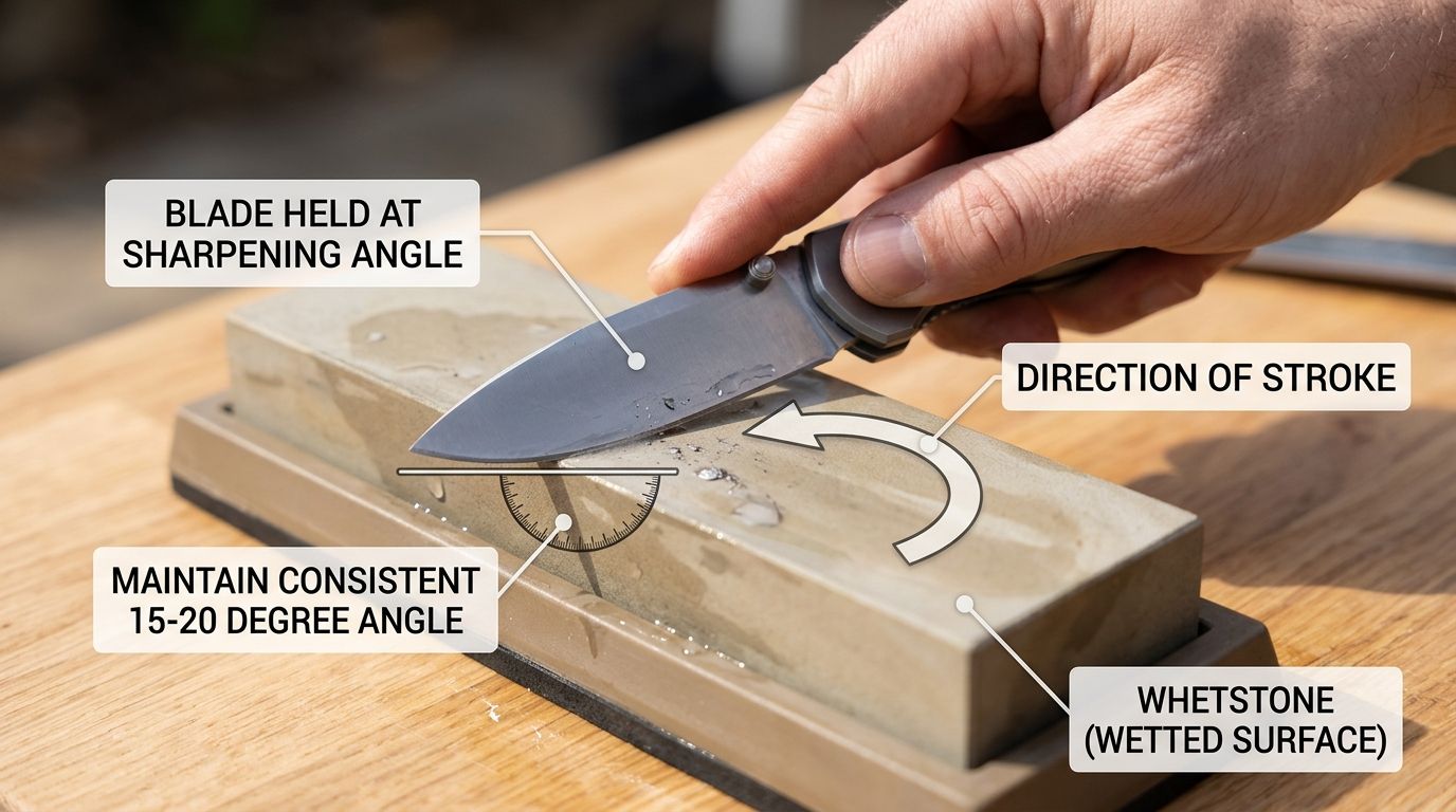 Diagram showing a knife blade held at the correct 25 degree angle against a whetstone during sharpening