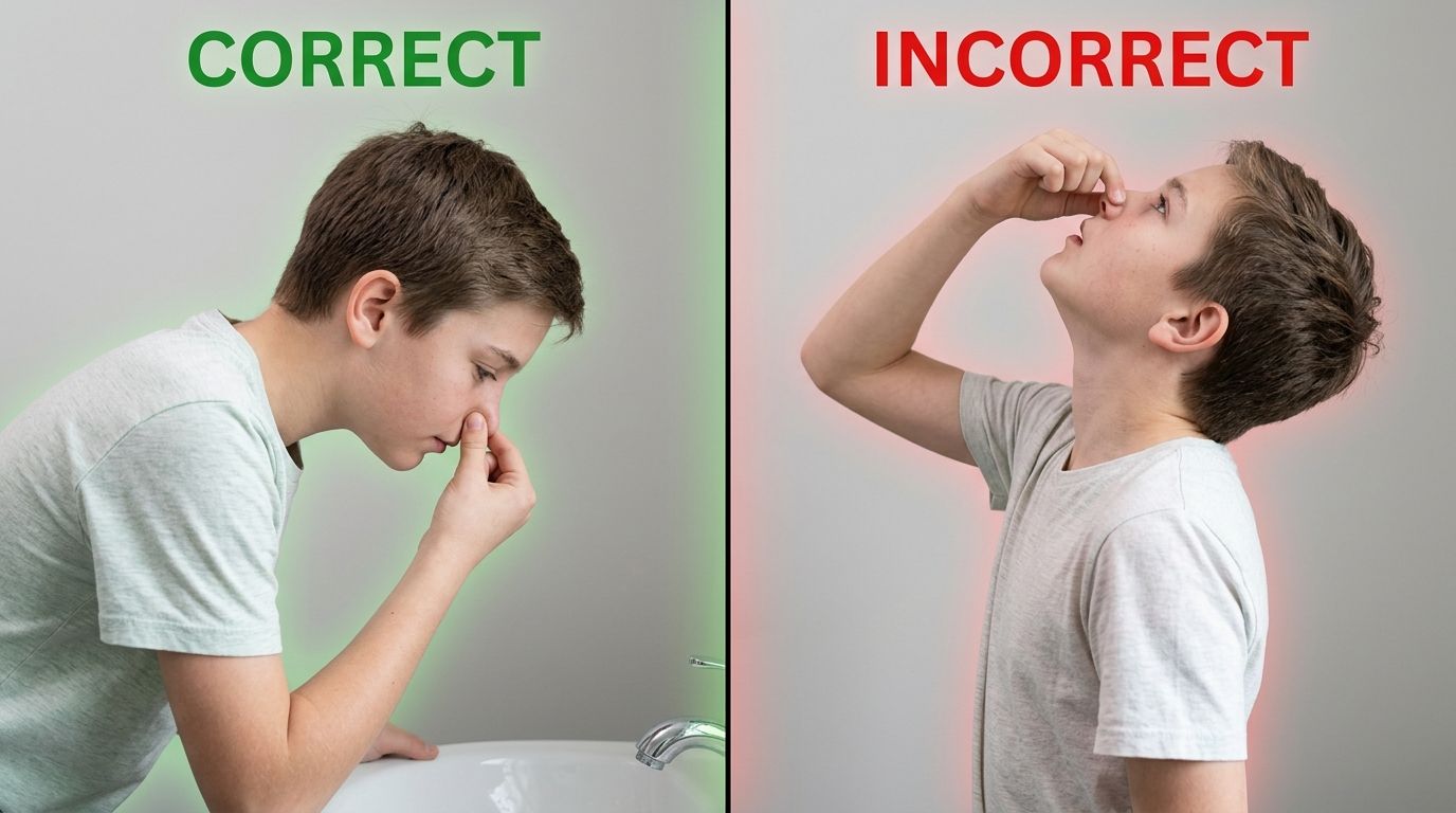 Side-by-side comparison of correct nosebleed treatment, head tilted forward, versus incorrect, head tilted back