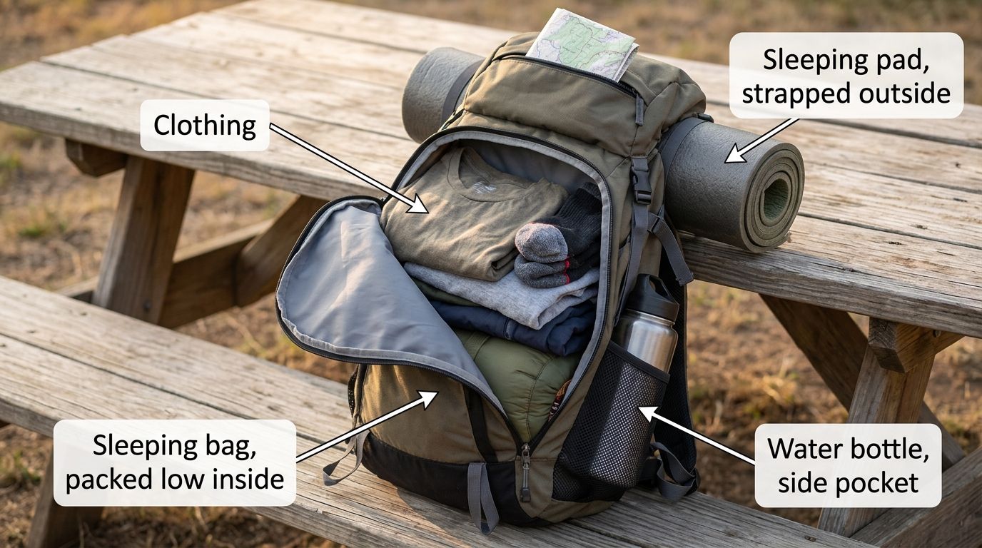 Cutaway diagram of a loaded backpack with heavy items packed low and close to the back, and frequently used items in top and outer pockets, each area labeled
