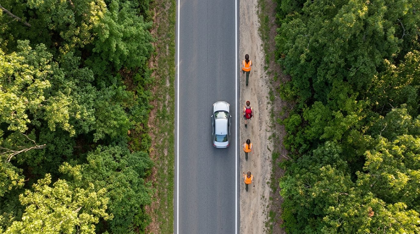 Diagram of Scouts walking single file facing oncoming traffic on the left shoulder of a road